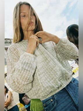 Zara NWT Sage Green White Semi Sheer Grid Flowing Organza Bomber Jacket (Medium)